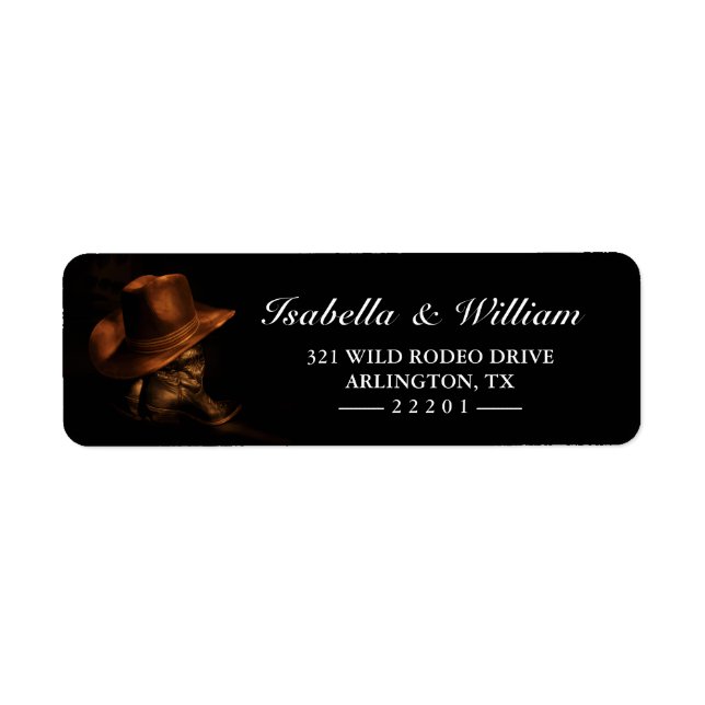 Rustic CowboyBoots och Hat-Landsbyggsbröllopet Returadress Etikett (Framsidan)