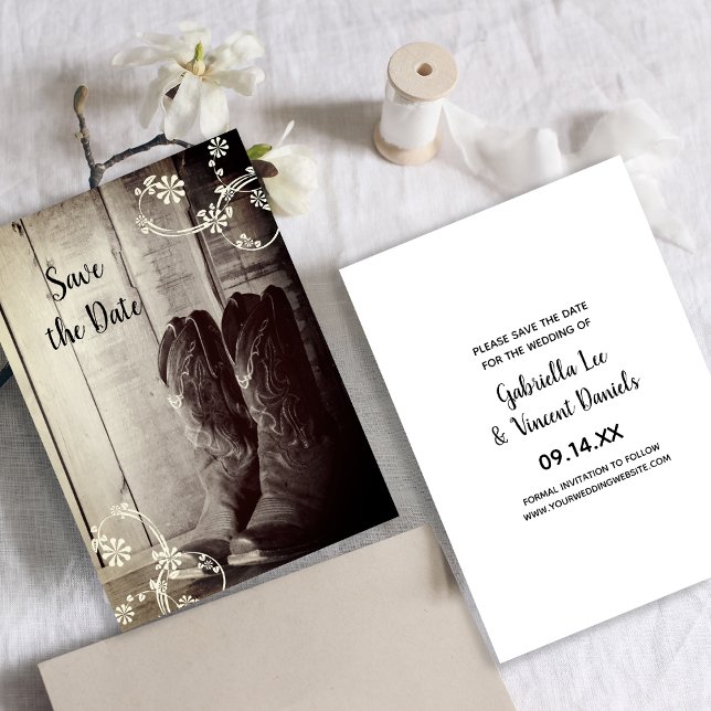 Rustic CowboyBoots Westerna Bröllop spara datum Inbjudningar (Skapare uppladdad)