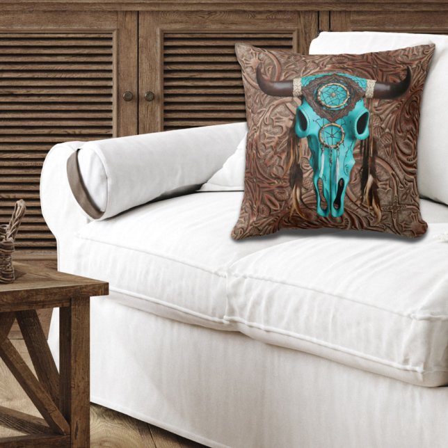Rustic CowboySouthwest Turkvoise Bull Skull Kudde (Skapare uppladdad)