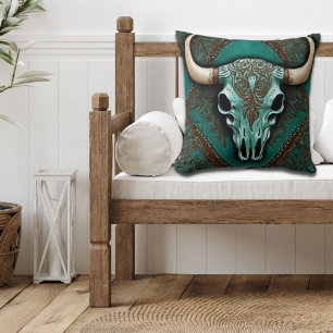 Rustic CowboyTeal Land Western Bull Skull Kudde