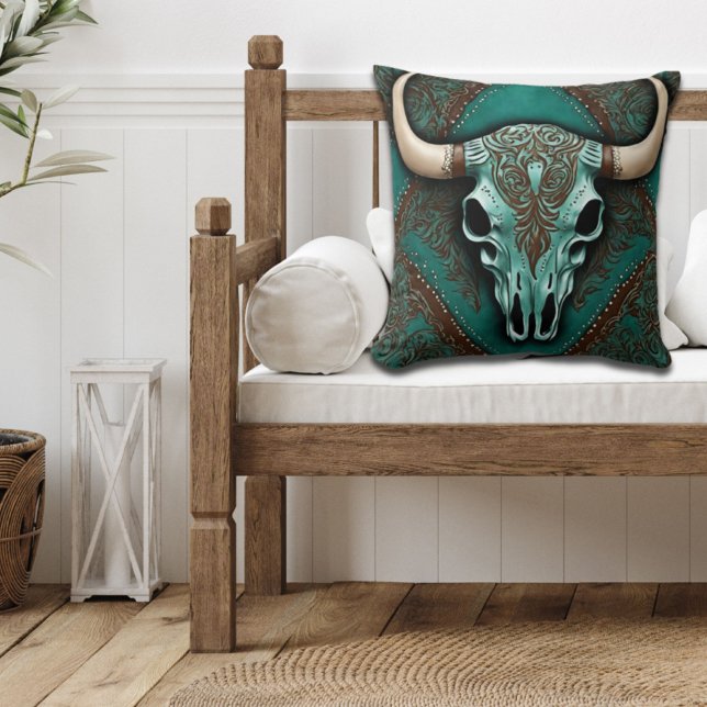 Rustic CowboyTeal Land Western Bull Skull Kudde (Skapare uppladdad)
