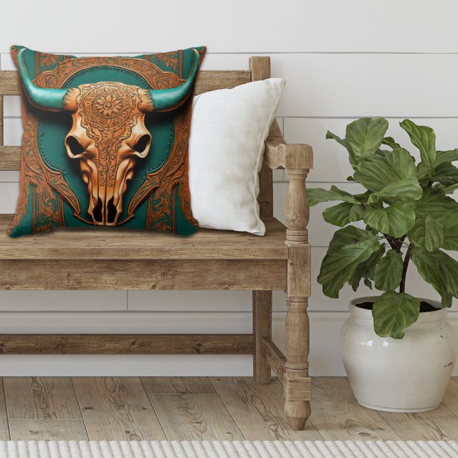 Rustic CowboyTeal Orange Southwest Bull Skull Kudde (Southwestern bull skull teal orange western country pillow)