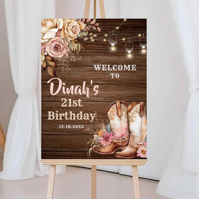 Rustic Cowgirl Boots Blommigt Birthday Välkomstsky Poster (Skapare uppladdad)