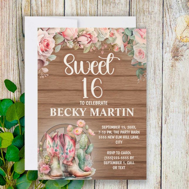 Rustic Cowgirl Boots Rosa ros Sweet 16 Inbjudningar (Skapare uppladdad)