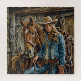 Rustic Cowgirl in Denim with Horse Western Barn Pussel