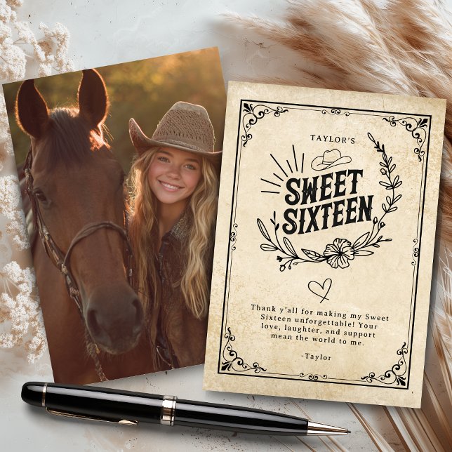 Rustic Cowgirl Sweet sixteen Photo Tack Kort (Rustic beige cowgirl sweet sixteen thank-you card with floral design and western photo.)