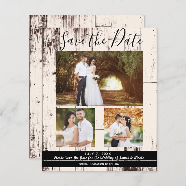 Rustic Cream Barn Wood Bröllop Photo Save Date (Fram/baksida)