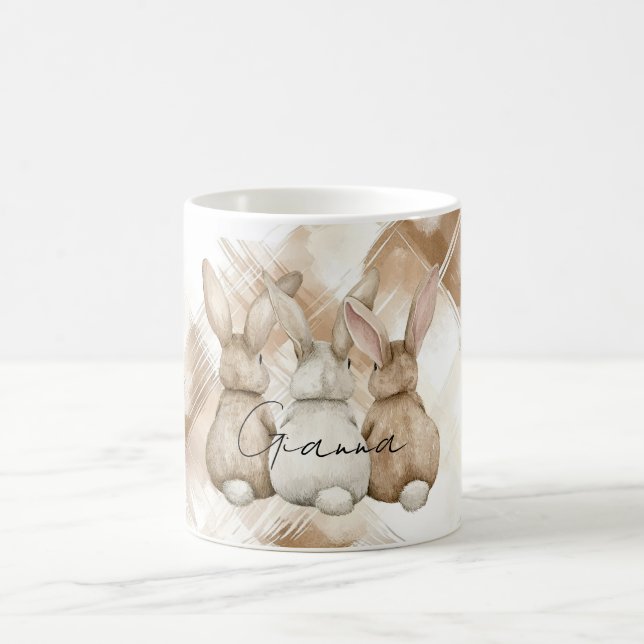 Rustic Cream Brown Stripes Three Bunny Rabbits Kaffemugg (Center)