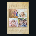 Rustic Cream Foto Collage för morföräldrar Kökshandduk<br><div class="desc">Rustiska kökshanddukar med egen anpassningsbar. Formuleringen lyder "barnbarn gör livet stort" och mallen är redo för dig att lägga till fyra av dina egna foton av barnbarnen. Neutralt stil, till kostym, alla köksdekanter från lantgården i land till modern och en underbarare gåva till alla far- och morföräldrar. Bläddra i vår...</div>