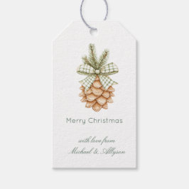Rustic Cream Pine Cone Green Bow Christmas Presentetikett