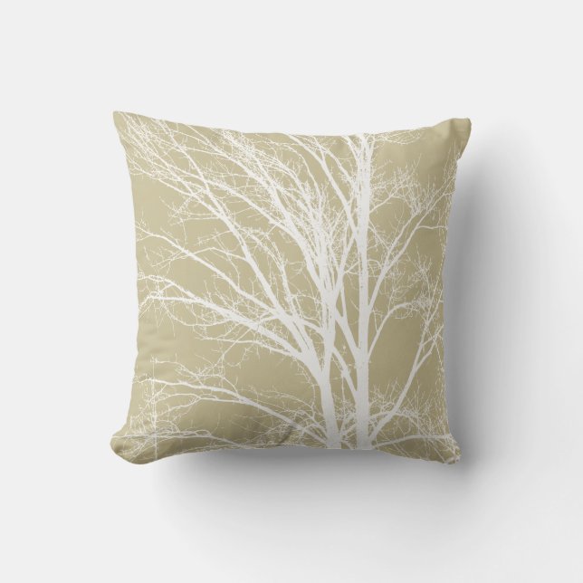 Rustic Cream White Träd Grenar Kudde (Framsida)