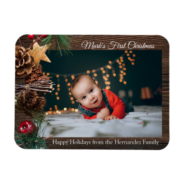 Rustic Cute Baby första julfotfoto för Helgdag Magnet (Horisontell)