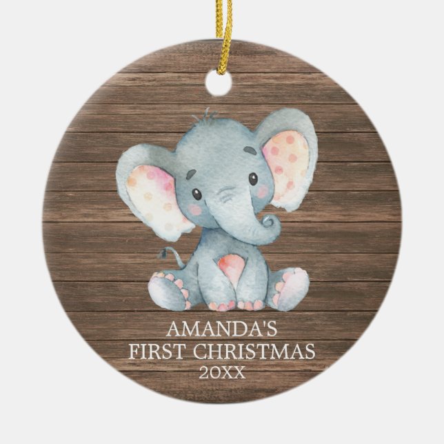 Rustic Cute Elephant Baby Första jul Julgransprydnad Keramik (Framsidan)