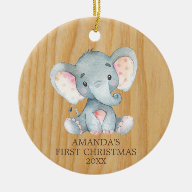 Rustic Cute Elephant Baby Första jul Julgransprydnad Keramik (Framsidan)