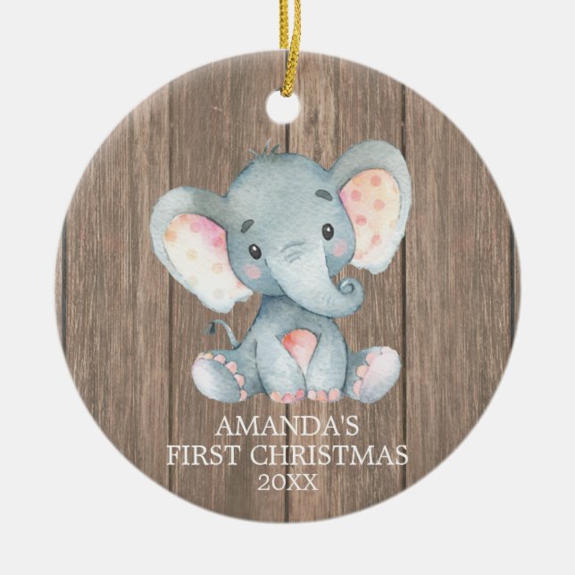 Rustic Cute Elephant Baby Första jul Julgransprydnad Keramik (Framsidan)
