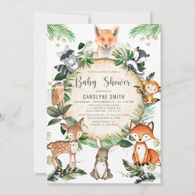 Rustic Cute Greenery Woodland Animal Baby Shower Inbjudningar (Framsida)