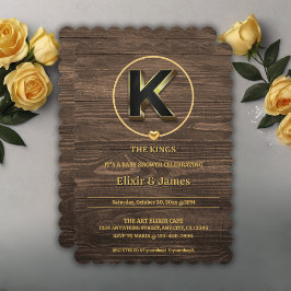 Rustic Cute Guld Heart Monogram Family Baby Shower Inbjudningar