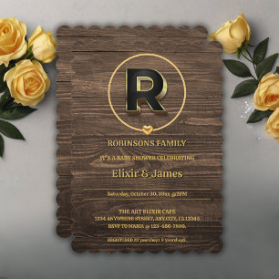 Rustic Cute Guld Heart Monogram Family Baby Shower Inbjudningar