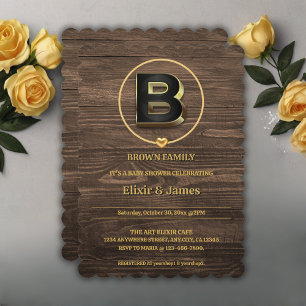 Rustic Cute Guld Heart Monogram Family Baby Shower Inbjudningar