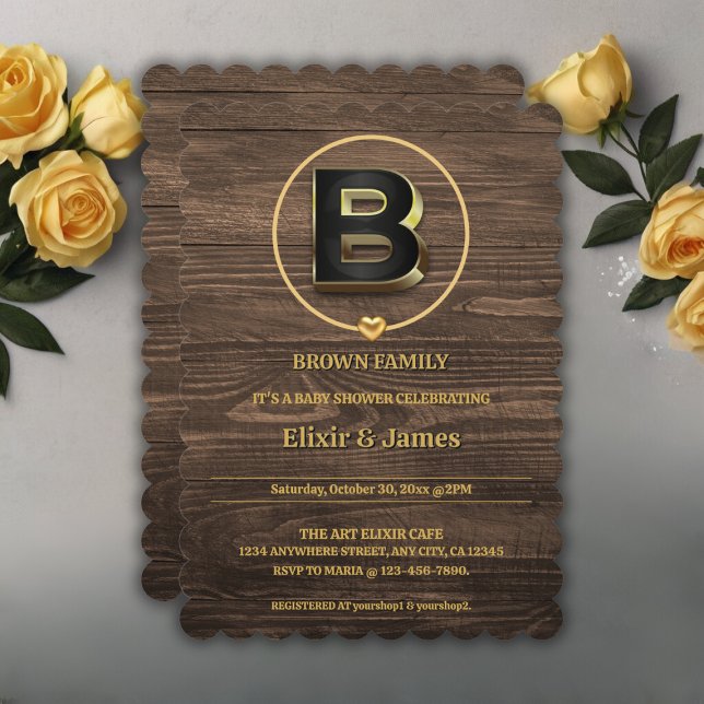 Rustic Cute Guld Heart Monogram Family Baby Shower Inbjudningar (Skapare uppladdad)