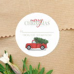 Rustic Cute julgran Vintage Red Lastbil Runt Klistermärke<br><div class="desc">En rustiskt röd gammal lastbil som återvänder från Julgran-partiet med årets Julgran. Ett rött sött pickupt lastbil med en ljus grönt vargrön Julgran i ryggen. En underbar mall med ett modernt God jul hälsning och en enkel mall att hämta från. Den här designen har vintage lastbil, land vintage, trendig från...</div>