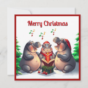 Rustic Cute Nice Hippo Winter Gräs Träd Caroling Julkort