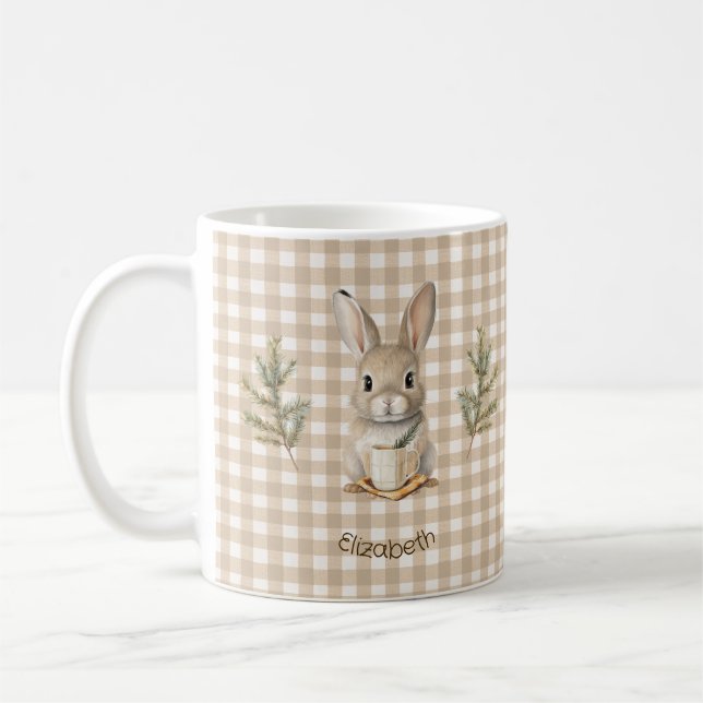 Rustic Cute Rabbit Brown Gingham Personalized Kaffemugg (Vänster)