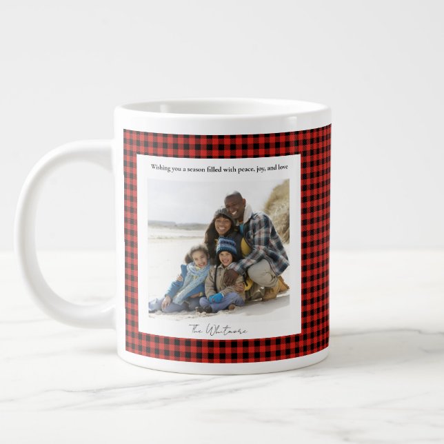 Rustic Cute Red Plaid Monogram 2 Photo Christmas Jumbo Mugg (Vänster)