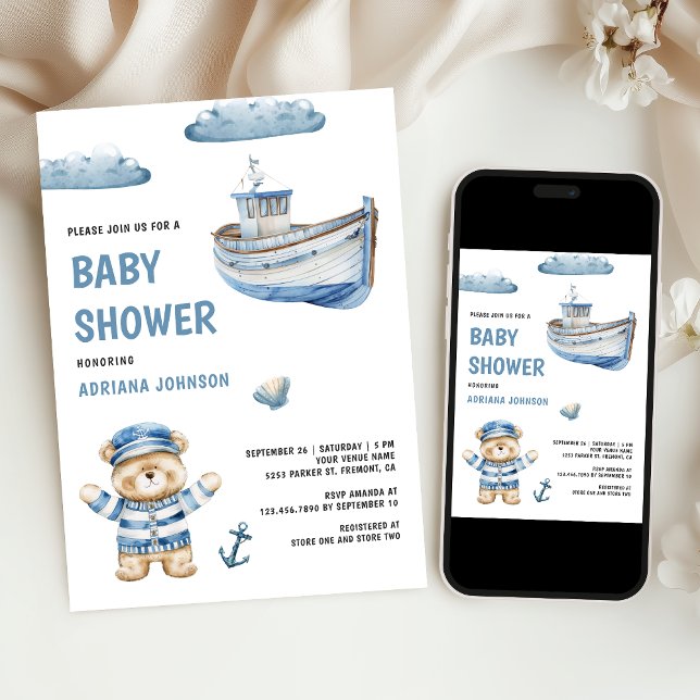 Rustic Cute Teddy Bear Nautical Boat Baby Shower Inbjudningar (Skapare uppladdad)