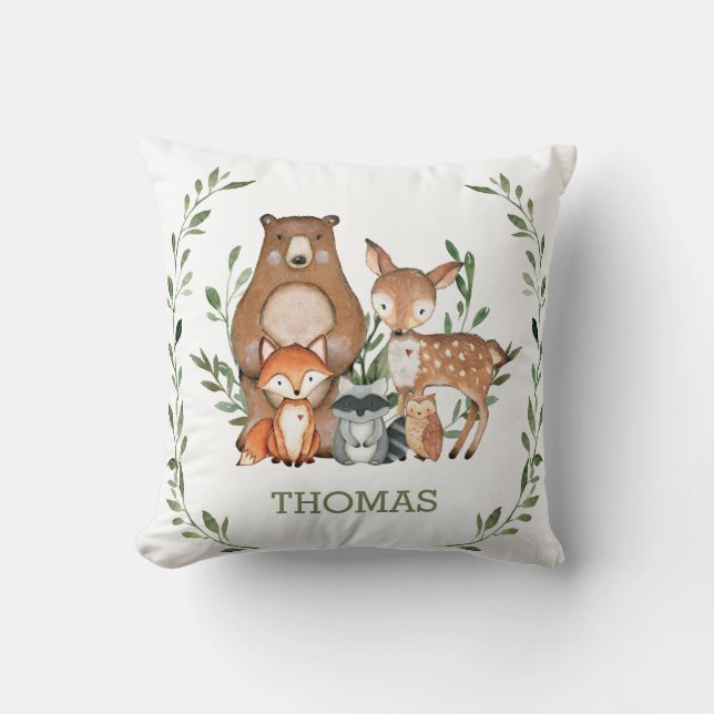 Rustic Cute Woodland Animals Greenery Kids Nursery Kudde (Framsida)