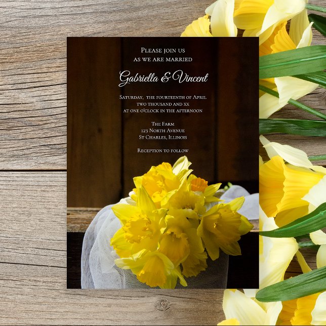Rustic Daffodils och Barn Wood-Landsbyggsbröllop Magnetisk Inbjudningskort (Skapare uppladdad)