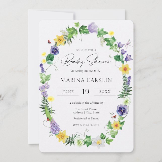 Rustic Daffodils, Wildblommor & Dikt Baby Shower Inbjudningar (Framsida)