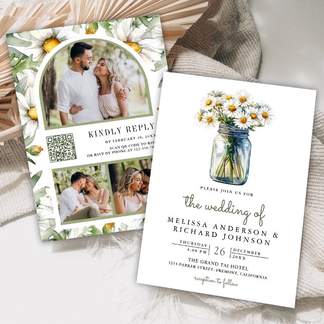 Rustic Daisies Floral Mason Jar QR Code Wedding Inbjudningar (Skapare uppladdad)
