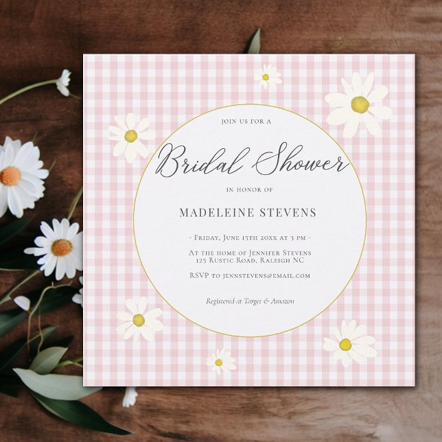 Rustic Daisys Rosa Gingham Backyard Möhippa Inbjudningar (rustic daisies pink gingham bridal shower invitation backyard country elegant simple modern boho)