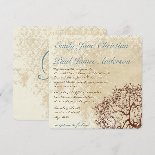 Rustic Damask Brown Träd Teal Font Wedding bjudand Inbjudningar (Fram/baksida)