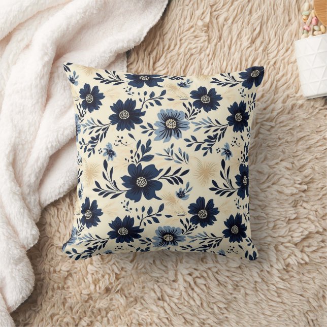 Rustic Dark Blue Beige Flower Folk Art Print Kudde (Filt)