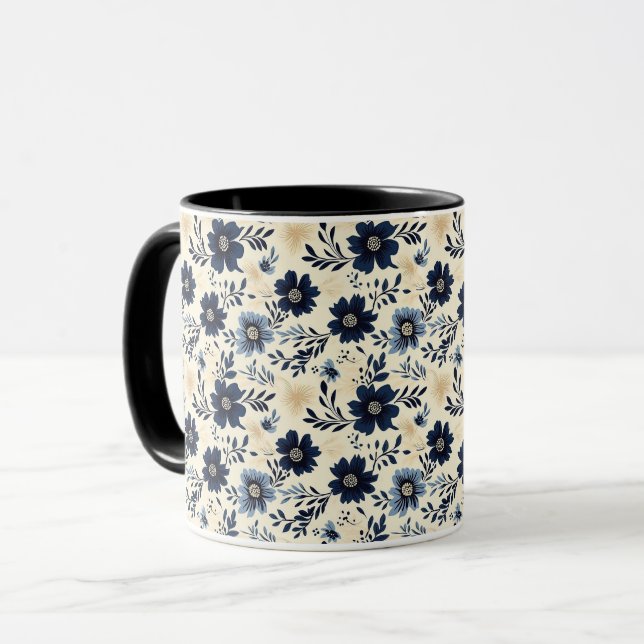 Rustic Dark Blue Beige Flower Folk Art Print Mugg (Framsida vänster)