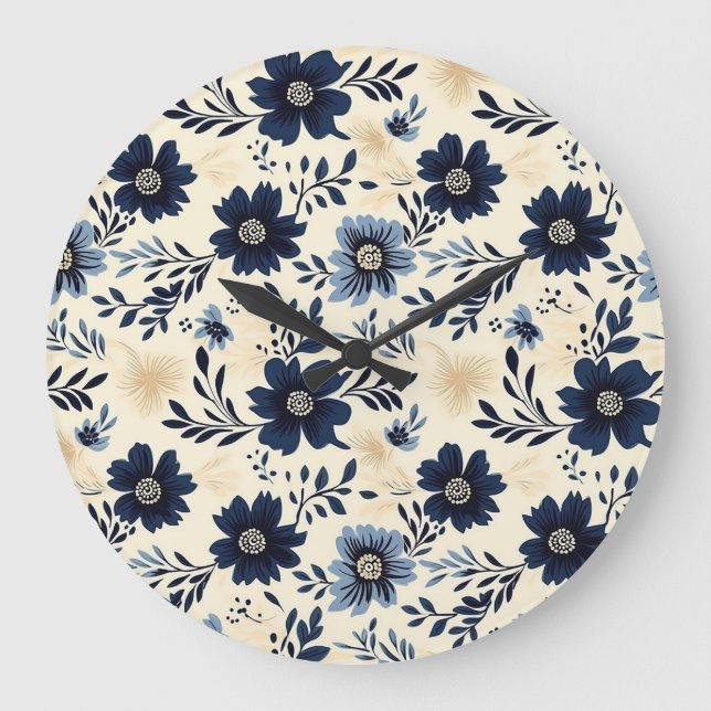 Rustic Dark Blue Beige Flower Folk Art Print Stor Klocka (Framsida)