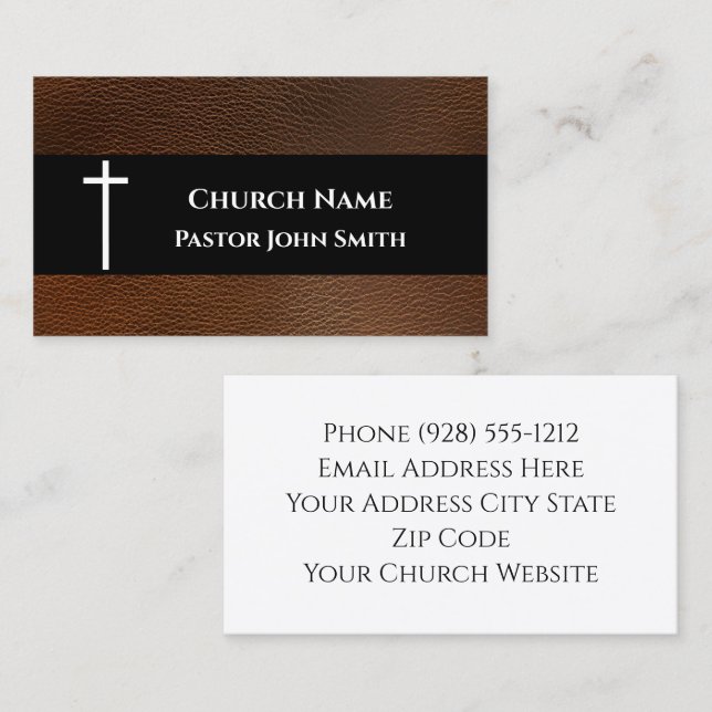 Rustic Dark Brown Leather Church Visitkort (Fram/baksida)