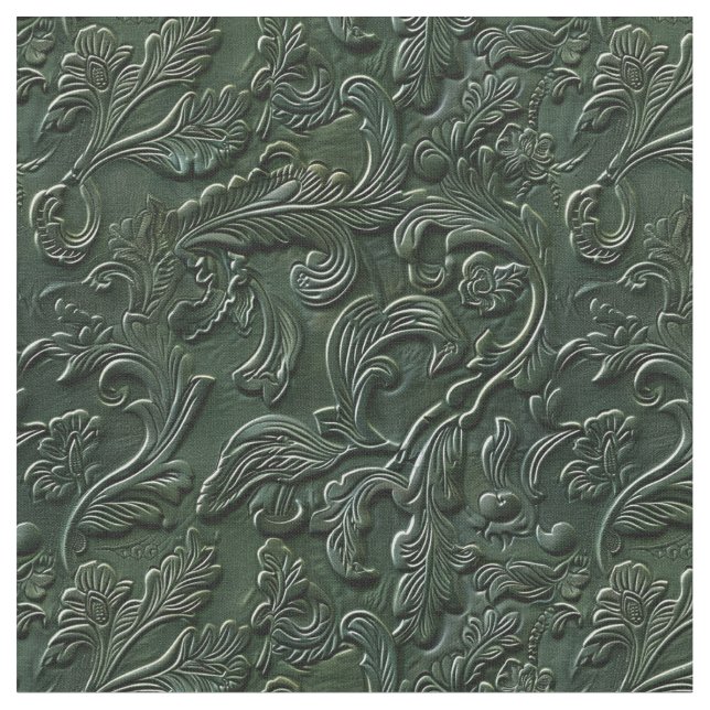 Rustic dark green tooled leather floral tyg (Närbild)