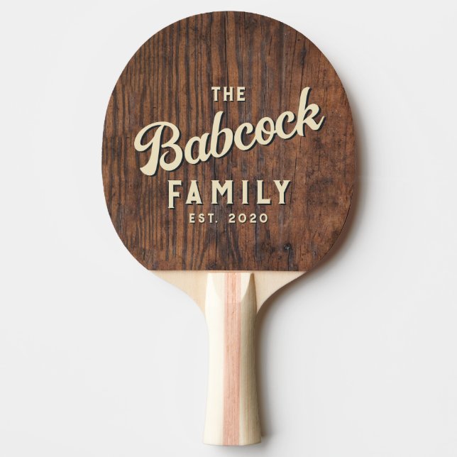 Rustic Dark Walnut Wood Retro Family Name & Year Pingisracket (Framsidan)