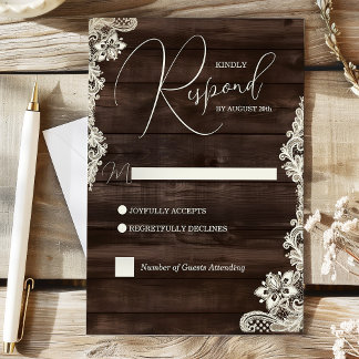 Rustic Dark Wood and Lace Wedding Response Card OSA Kort