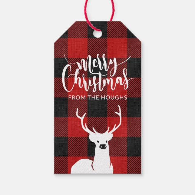 Rustic Deer Buffalo Rutigt Mönster Script God Jul Presentetikett (Framsidan)