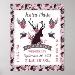 Rustic Deer Head Chic Baby Girl Birth Record Stats Poster