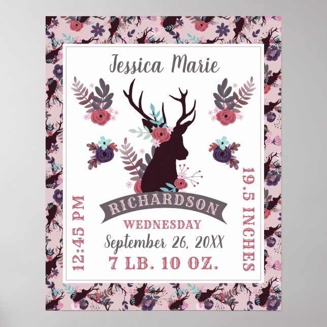 Rustic Deer Head Chic Baby Girl Birth Record Stats Poster (Framsidan)