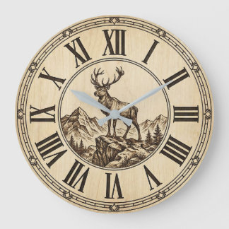 Rustic Deer Mountain Wall Clock | Wood-Look Cabin  Stor Klocka