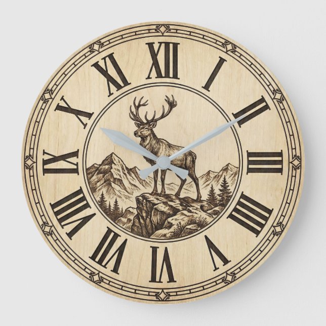 Rustic Deer Mountain Wall Clock | Wood-Look Cabin  Stor Klocka (Framsida)