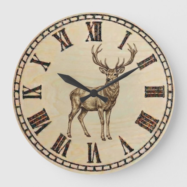 Rustic Deer Wall Clock – Woodland Wildlife Art Stor Klocka (Framsida)