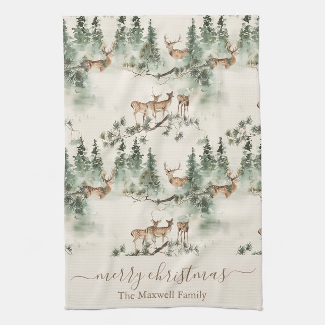 Rustic deers merry christmas family name kökshandduk (Vertikal)