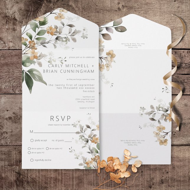 Rustic Delicate Tan Fall Wildblommor Midinner (Rustic Delicate Tan Fall Wildflowers All In One Wedding Invitation with Dinner Options)